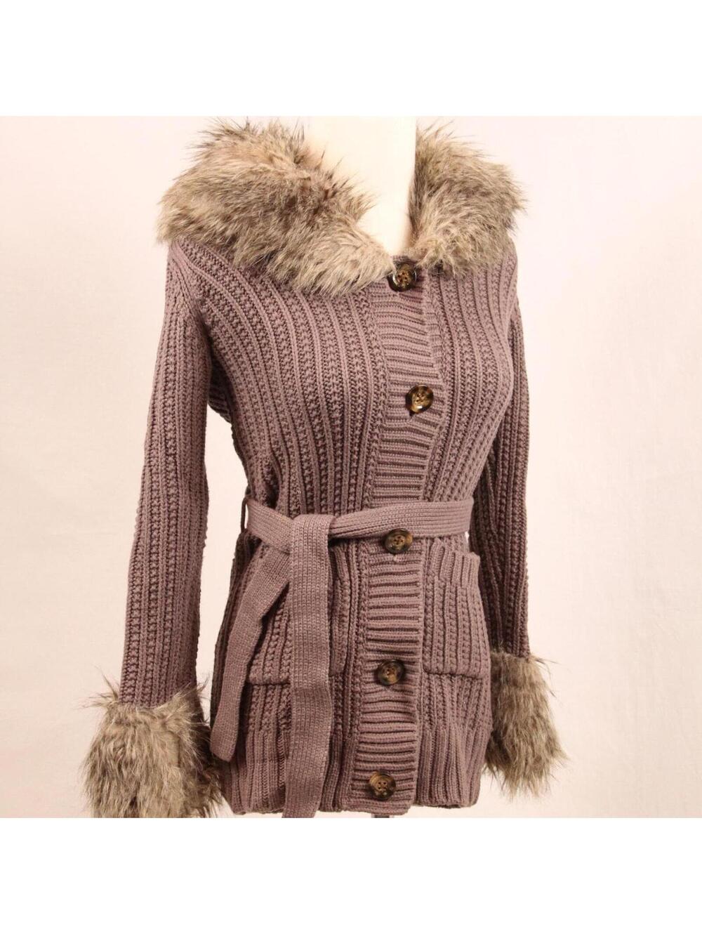 Vintage Y2K Taupe Brown Belted Faux Fur Trim Cardigan Sweater Small Gap